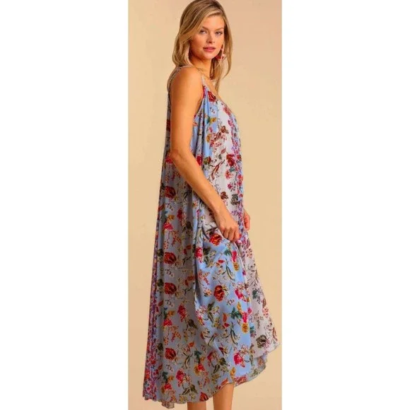 New Umgee S L Floral Mixed Print Adjustable Spaghetti Strap Hi-Low Maxi Dress - Picture 2 of 4